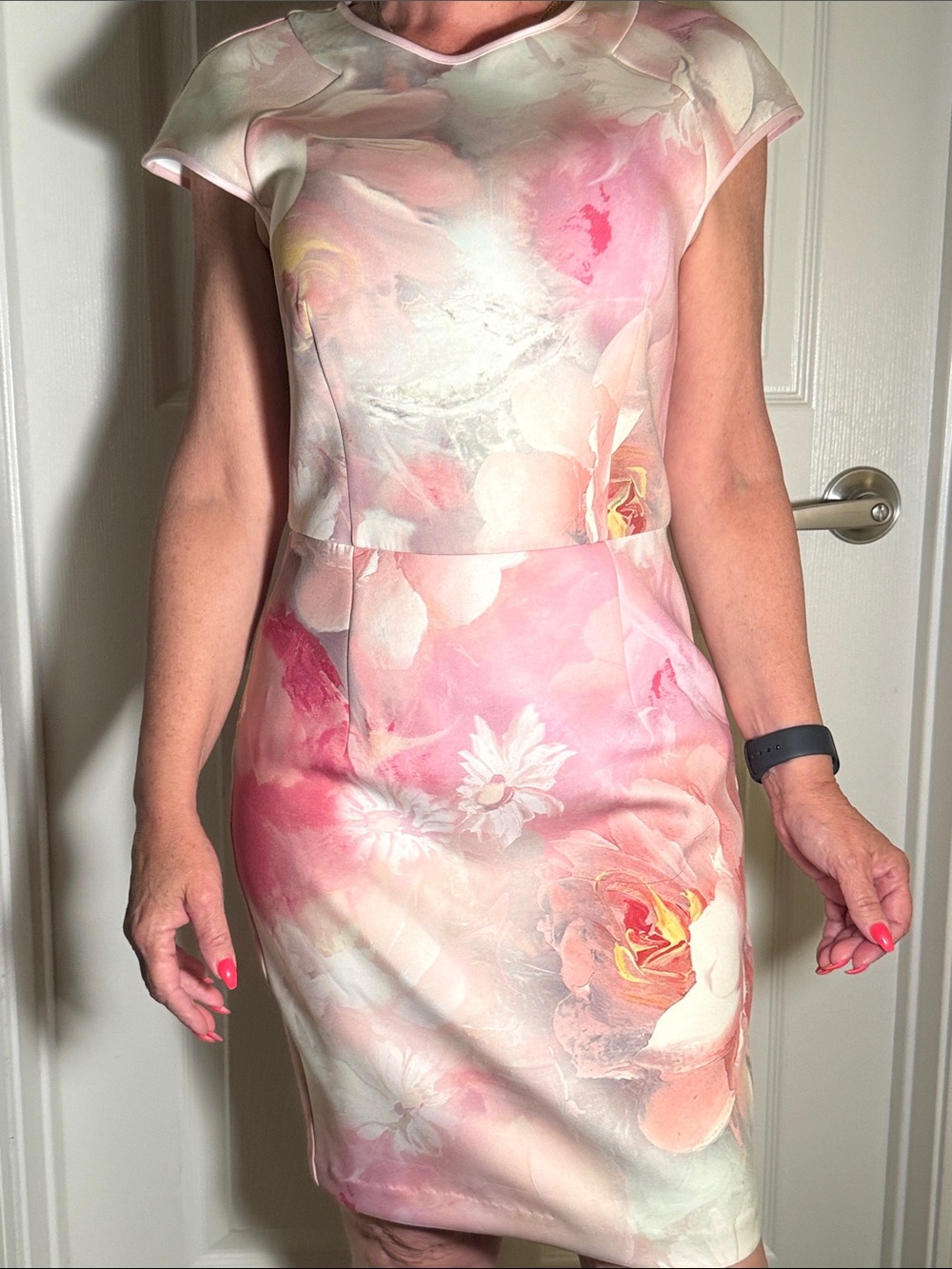TED BAKER PINK FLORAL WATERCOLOR MIDI DRESS SZ 2 / US 6 - Picture 2 of 8